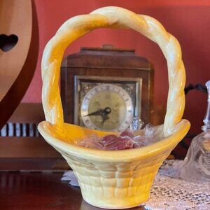 Vintage Majolica Ceramic Fruit Basket/Candy Dish Lattice Weave Centerpiece